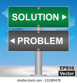 Vector : Business and Finance Concept Present By Green and Gray Street Sign Pointing to Solution and Problem in Blue Sky Background