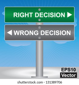 Vector : Business and Finance Concept Present By Green and Gray Street Sign Pointing to Right Decision and Wrong Decision in Blue Sky Background
