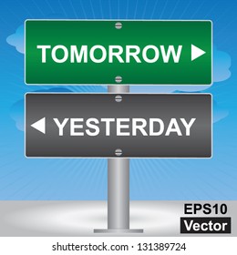 Vector : Business and Finance Concept Present By Green and Gray Street Sign Pointing to Tomorrow and Yesterday in Blue Sky Background