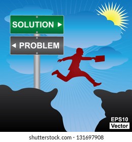 Vector : Business and Finance Concept Present By Jumping Through The Valley Gap With Green and Gray Street Sign Pointing to Solution and Problem in Blue Sky Background