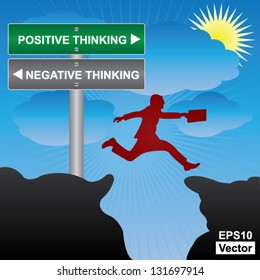 Vector : Business and Finance Concept Present By Jumping Through The Valley Gap With Green and Gray Street Sign Pointing to Positive Thinking and Negative Thinking in Blue Sky Background