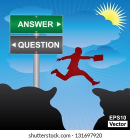 Vector : Business and Finance Concept Present By Jumping Through The Valley Gap With Green and Gray Street Sign Pointing to Answer and Question in Blue Sky Background