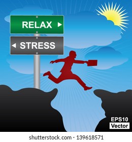 Vector : Business and Finance Concept Present By Jumping Through The Valley Gap With Green and Gray Street Sign Pointing to Relax and Stress in Blue Sky Background