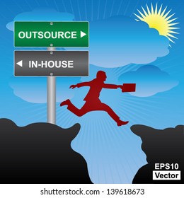 Vector : Business and Finance Concept Present By Jumping Through The Valley Gap With Green and Gray Street Sign Pointing to Outsource and In-House in Blue Sky Background