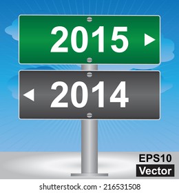 Vector : Business and Finance Concept Present By Green and Gray Street Sign Pointing to 2014 and 2015 in Blue Sky Background