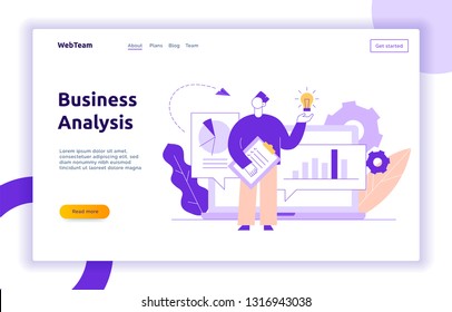 Vector business and finance design concept with big man holding idea light bulb. Brainstorming picture with cogs, graphs, diagrams, paper plane, leaves. Financial analysis big data illustration.