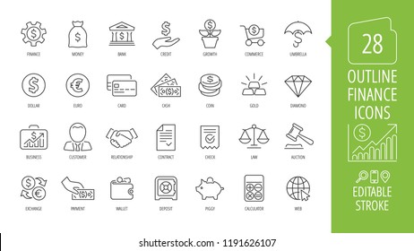 Vector business and finance editable stroke line icon set with money, bank, check, law, auction, exchance, payment, wallet, deposit, piggy, calculator, web and more isolated outline thin symbol.