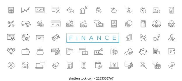 Vector business and finance editable stroke line icon set with money, bank, check, law, auction, exchance, payment, wallet, deposit, piggy, calculator, web and more isolated outline thin symbol
