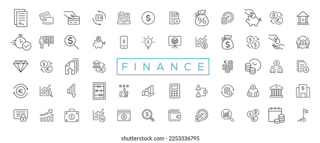 Vector business and finance editable stroke line icon set with money, bank, check, law, auction, exchance, payment, wallet, deposit, piggy, calculator, web and more isolated outline thin symbol
