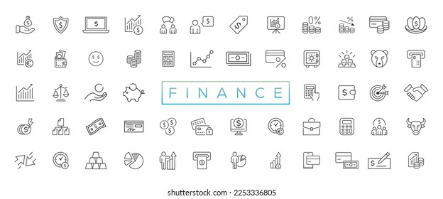 Vector business and finance editable stroke line icon set with money, bank, check, law, auction, exchance, payment, wallet, deposit, piggy, calculator, web and more isolated outline thin symbol