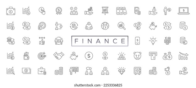 El negocio de los vectores y las finanzas editable línea de línea de trazo conjunto con dinero, banco, cheque, ley, subasta, oportunidad, pago, cartera, depósito, cerdo, calculadora, web y símbolo más aislado de contorno delgado