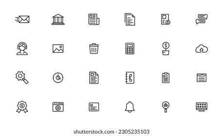 Vector business and finance editable stroke line icon set with money, bank, check, law, auction, exchance, payment, wallet, deposit, piggy, calculator, web and more isolated outline thin symbol