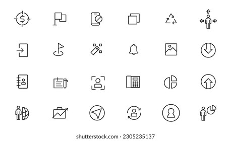 Vector business and finance editable stroke line icon set with money, bank, check, law, auction, exchance, payment, wallet, deposit, piggy, calculator, web and more isolated outline thin symbol