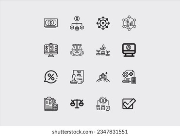 Vektorgrafik-Symbol für Geschäftswelt und Finanzen mit bearbeitbaren Strich-Linien mit Geld, Bank, Scheck, Gesetz, Auktion, Zufall, Zahlung, Geldbeutel, Einzahlung, Spargel, Taschenrechner, Web und mehr isolierten Umrisssymbole