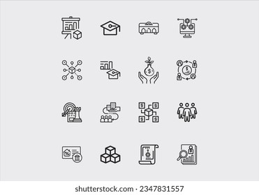 Vektorgrafik-Symbol für Geschäftswelt und Finanzen mit bearbeitbaren Strich-Linien mit Geld, Bank, Scheck, Gesetz, Auktion, Zufall, Zahlung, Geldbeutel, Einzahlung, Spargel, Taschenrechner, Web und mehr isolierten Umrisssymbole