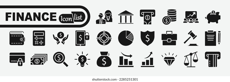 Icono vectorial de negocios y finanzas con dinero, banco, cerdo, crédito, intercambio, grafo, depósito, calculadora, web, ley, dólar, euro, moneda y silueta más aislada 
