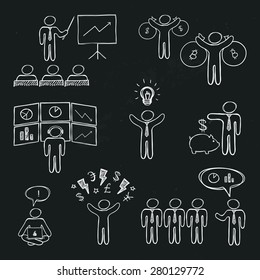 Vector business and finance icons set, hand-drawn chalk on blackboard
