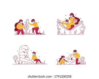 Vector Business & finance illustration hand drawn design style, man and woman doing money grow, saving in wallet, see bear market decrease, play bull trend increase