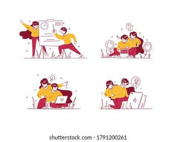 Vector Business & finance illustration hand drawn design style, man and woman doing presentation, calculating with abacus, have some idea, and hiring workers