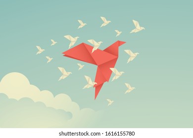 vector business finance leadership concept with origami red paper bird leading among white. Symbol leadership, strategy, mission, objectives