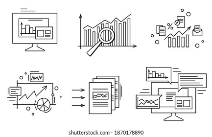 Icono de línea de negocio y finanzas vectoriales con gráficos, gráficos, datos. Recopilación de señales de análisis de datos y planificación empresarial. Gráfico de contorno estilizado, documentos, informes. Blanco y negro. Aislado.