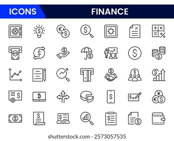 Vector business and finance line icon set with money, bank, check, law, auction, exchange, payment, wallet, deposit, piggy, calculator, web, and more isolated outline thin symbol