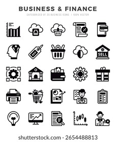 Vector Icono de tipos de negocio y finanzas establecido en estilo Lineal relleno. Ilustración vectorial.