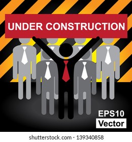 Vector : Business and Financial Concept Present By Group of Businessman With Red Under Construction Sign on Hand in Caution Zone Dark and Yellow Background
