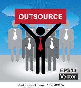 Vector : Business and Financial Concept Present By Group of Businessman With Red Outsource Sign on Hand in Blue Sky Background