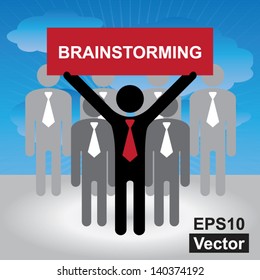 Vector : Business and Financial Concept Present By Group of Businessman With Red Brainstorming Sign in Blue Sky Background
