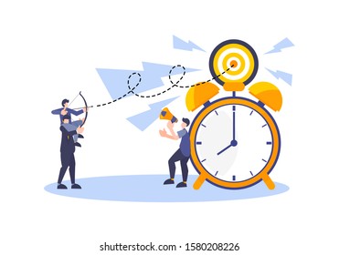 Vector business flat illustration with people workers. Concept of deadline and target management. Reaching goals with good schedule.