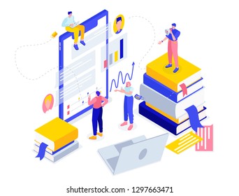 Vector business flat isometric illustration. tiny people working on a mobile application. team work with a large smartphone. onlain online training