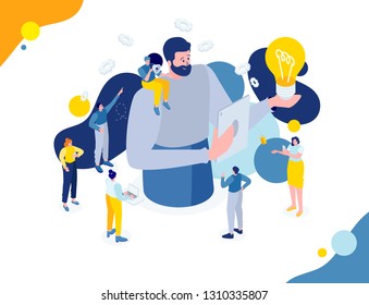 Vector business flat isometric illustration. tiny people listen to the leader and work together on the project idea. many little characters and one big character 