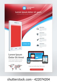 Vector Business Flyer Design Template for Mobile Application or New Smartphone. Vector Brochure Design Layout Template. Red and Blue Colors