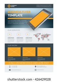 Vector Business Flyer Design Template for Mobile Application or New Smartphone. Vector Brochure Design Layout Template. Yellow and Black Colors