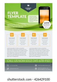 Vector Business Flyer Design Template for Mobile Application or New Smartphone. Vector Brochure Design Layout Template. Yellow and Green Colors