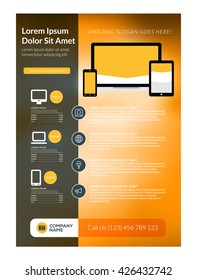 Vector Business Flyer Design Template for Mobile Application or New Smartphone. Vector Brochure Design Layout Template. Yellow and Black Colors