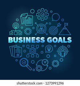 Vector Business goals round blue outline illustration on dark background 