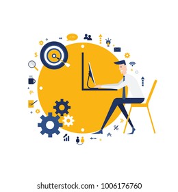 Vector business graph, businessman working in the office behind a computer on a clock background, flat color icons, working day