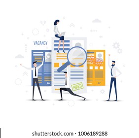 Vector business graph, business company takes employee to work, flat color icons, creative illustration businessmen are examining a resume, a design metaphor of an open vacancy-growing firm