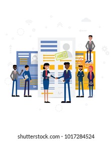 Vector business graph, business company takes employee to work, flat color icons, creative illustration businessmen are examining a resume, a design metaphor of an open vacancy-growing firm