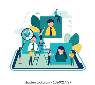 Vector business graph, open vacancy, business company is looking for an employee for a job, flat color icons, creative illustrations, businessmen are considering a resume - Vector - Vector 