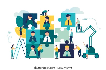 Vector business graph, open vacancy, a business company is looking for an employee to work in the form of puzzles, flat color icons, creative illustrations, businessmen are considering a resume vector