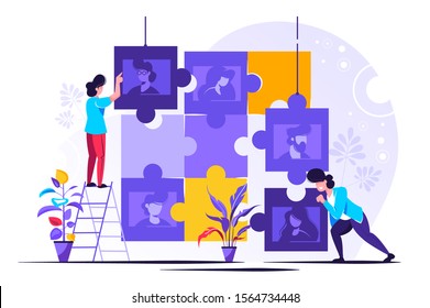 Vector business graph, open vacancy, a business company is looking for an employee to work in the form of puzzles, flat color icons, creative illustrations, businessmen are considering a resume - vect