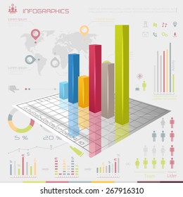 Vector business graphic, world map and UI elements. Flyer layout with infographic elements. Can be used for corporate report, presentation, advertising, marketing, web design etc.