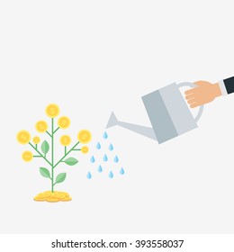 Vector business growth concept. ,hand with can watering money tree