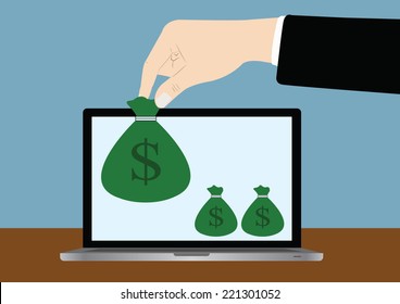 vector of business hand pick up money bag  from laptop