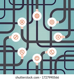 Vector business hands entwined holding circular icons. Blue background.