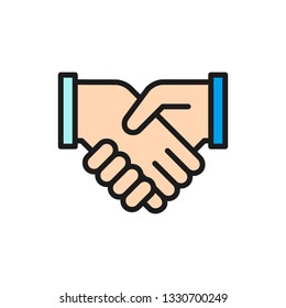 Vector business handshake, contract agreement, partnership, teamwork and friendship flat color line icon.