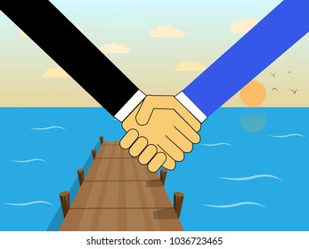 vector business handshake with flat design bridge and sea with sunrise,nature landscape,business concept